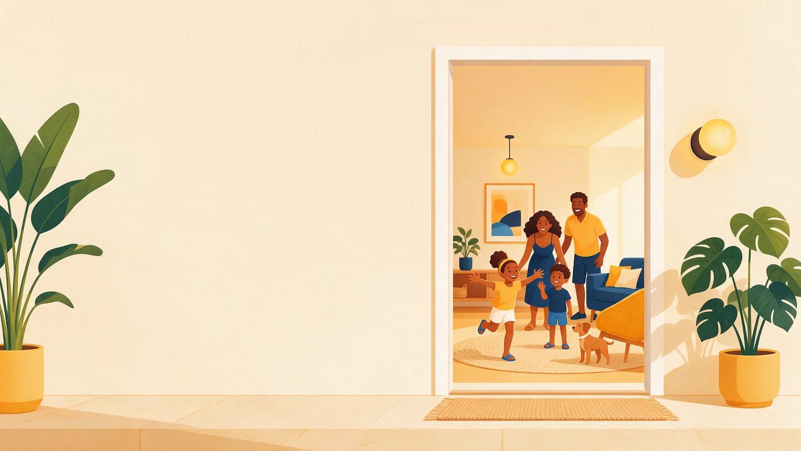 Ilustração: a entrada de uma casa com a porta aberta; lá dentro, uma família recebe quem chega, com a filha correndo de braços abertos